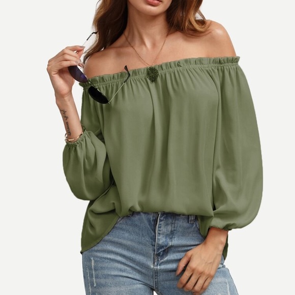 SHEIN Tops - SHEIN | Boho Ruffle Off Shoulder Green Top